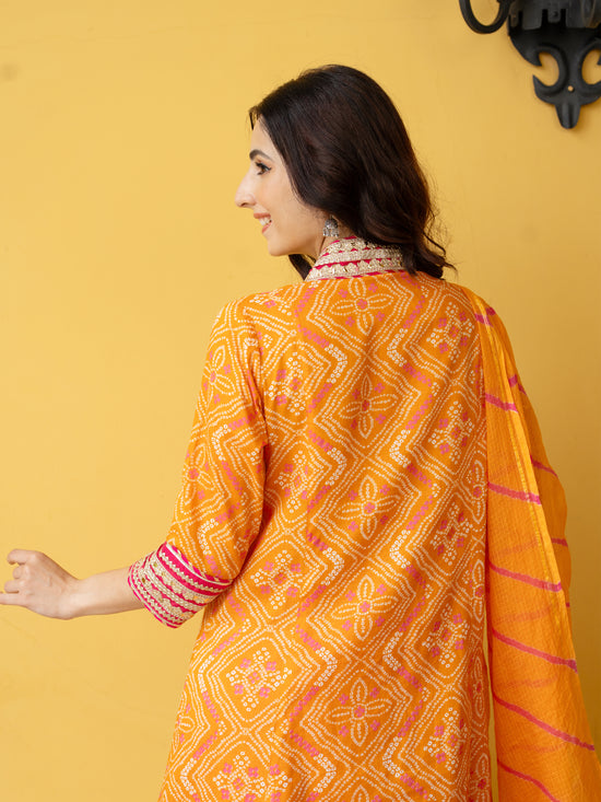 Orange Cotton Bandhani Print Complete Suit Set For Women's
