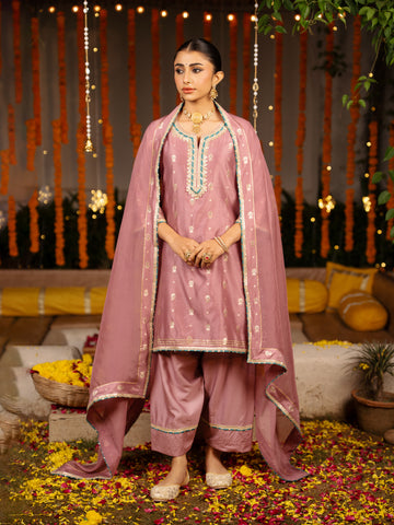 Mauve Banarasi Chanderi Round Neck Complete Suit Set For Women's