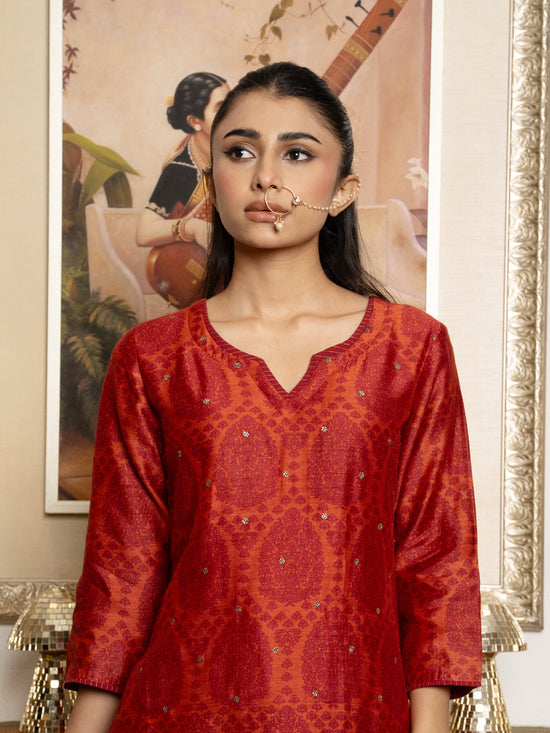 Red Tussar Silk Handblock Print Round With V- Neck Complete Suit Set For Women's