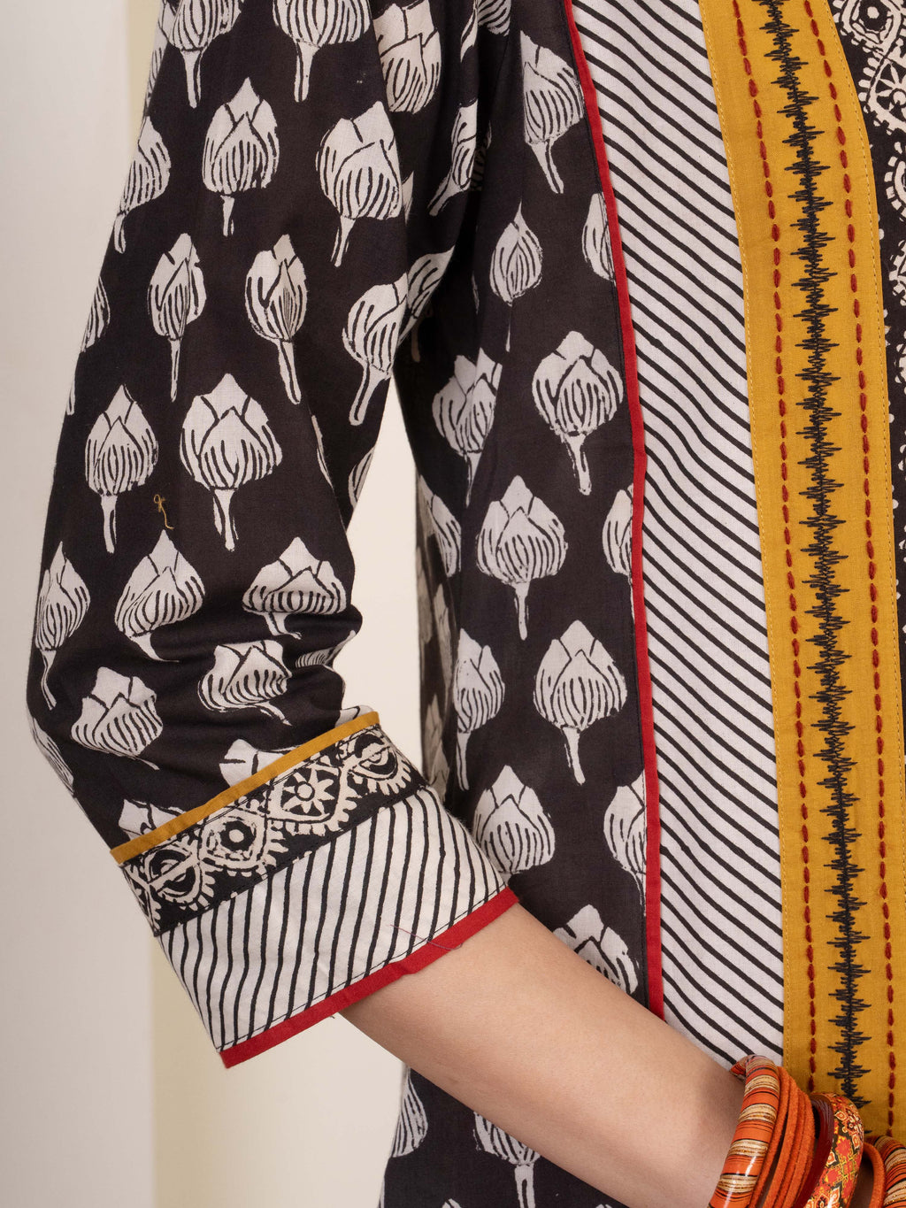 Black Cotton Handblock Print Complete Suit Set For Women's