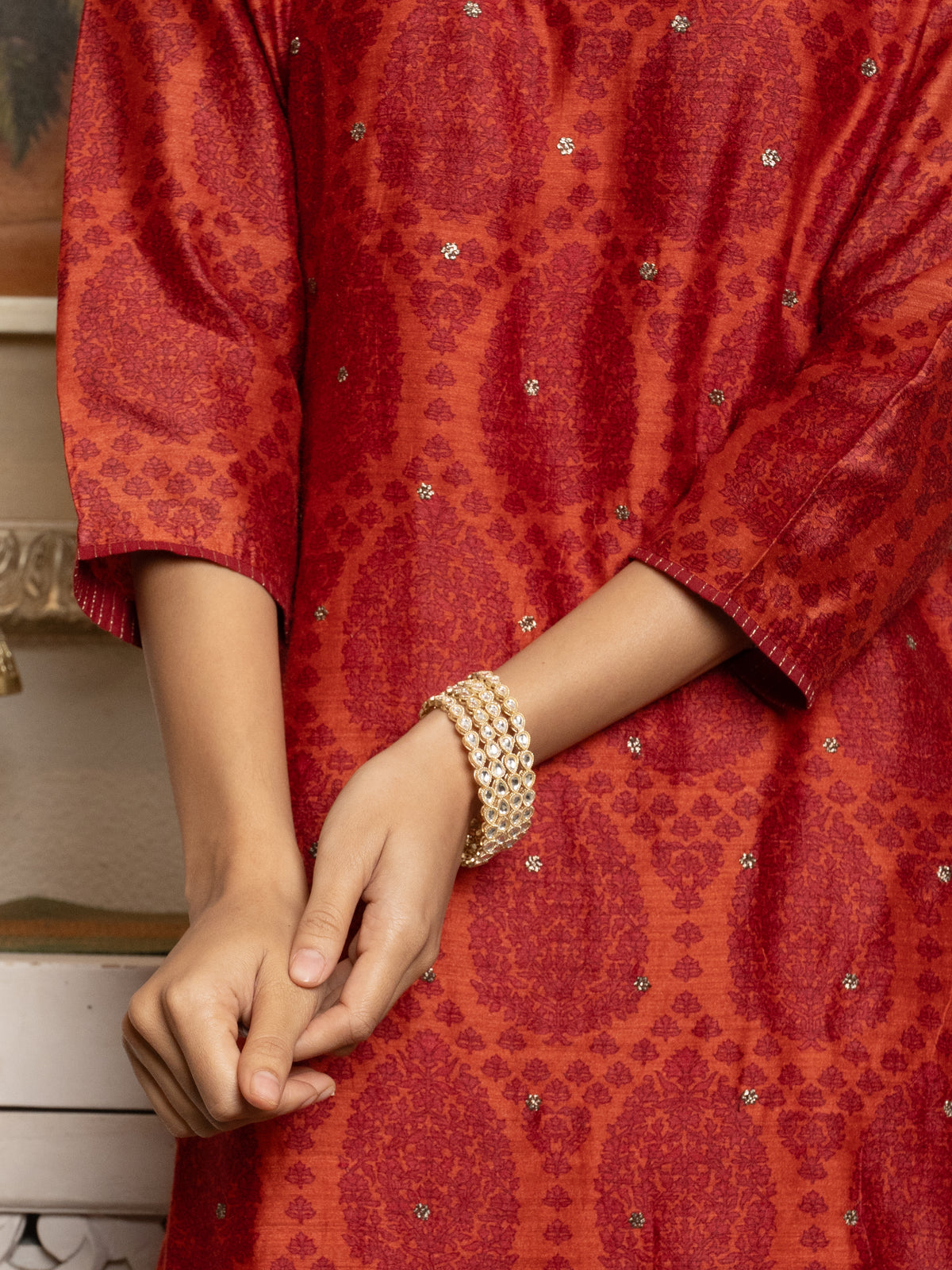 Red Tussar Silk Handblock Print Round With V- Neck Complete Suit Set For Women's