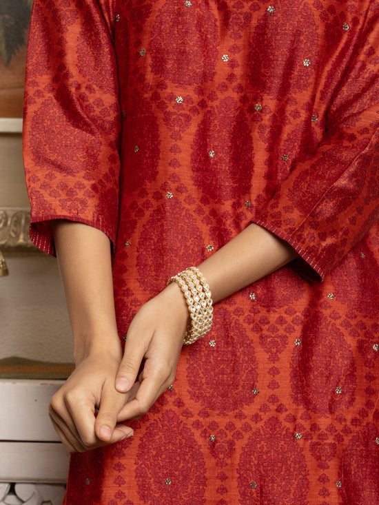 Red Tussar Silk Handblock Print Round With V- Neck Complete Suit Set For Women's