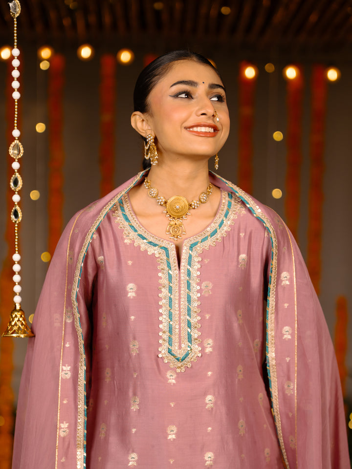 Mauve Banarasi Chanderi Round Neck Complete Suit Set For Women's