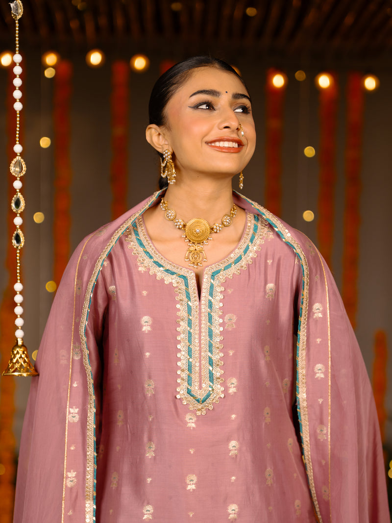 Mauve Banarasi Chanderi Round Neck Complete Suit Set For Women's