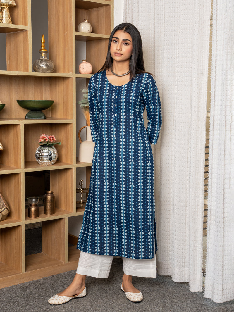 Indigo cotton-Round With V- neck-printed-kurta-for-womens