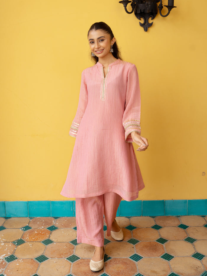 Pink Crushed Tissue Kurta Pant Set For Women's