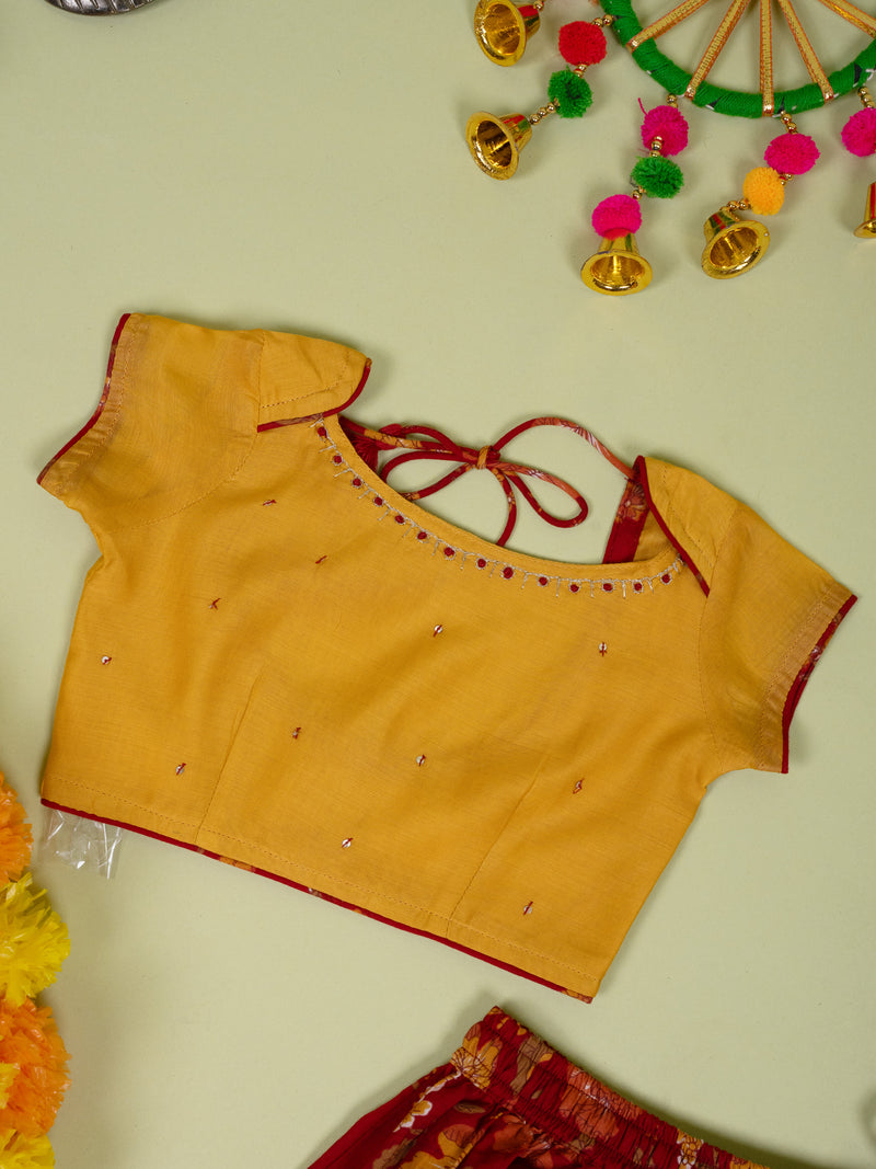 Yellow & Red Chanderi 3 pcs Lehanga Set For Girls