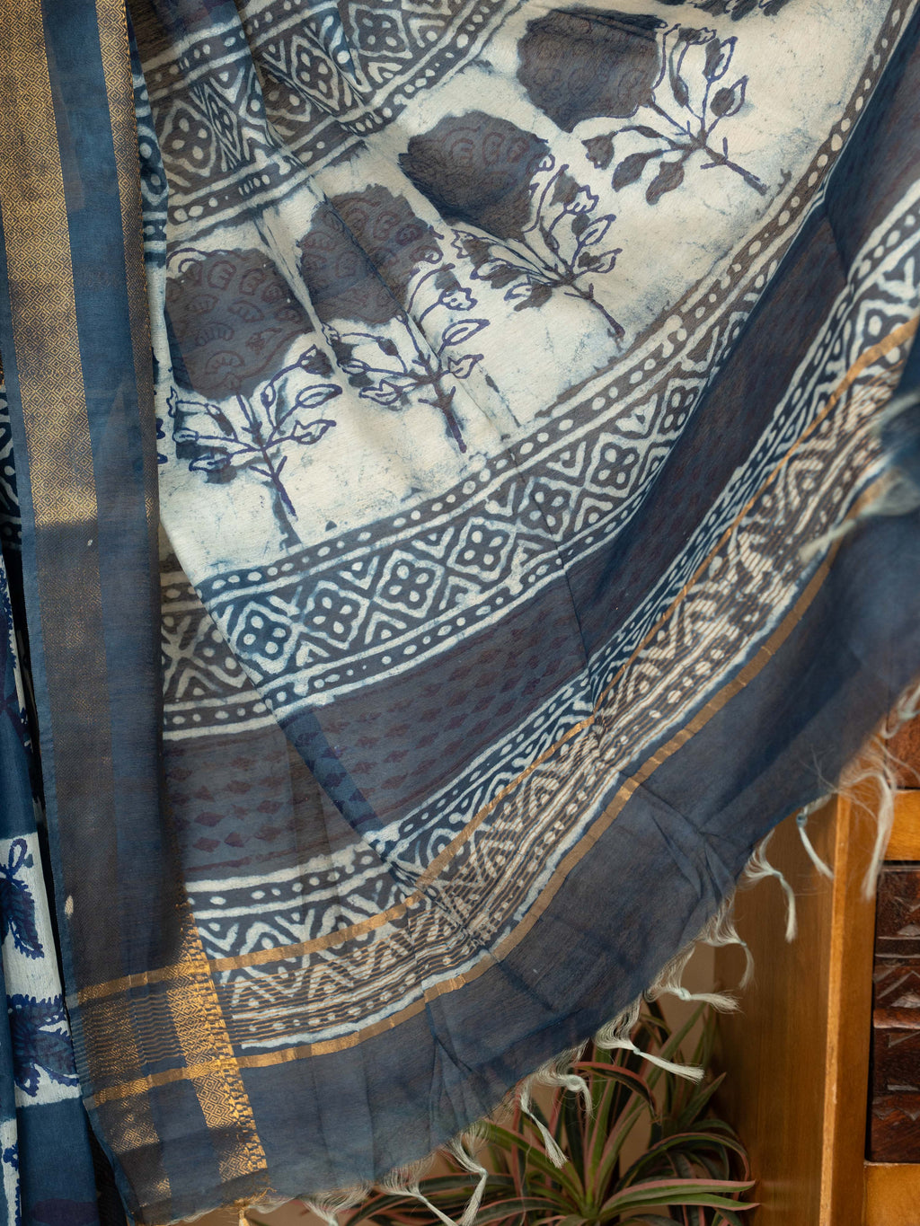 Indigo Cotton Block Print Saree