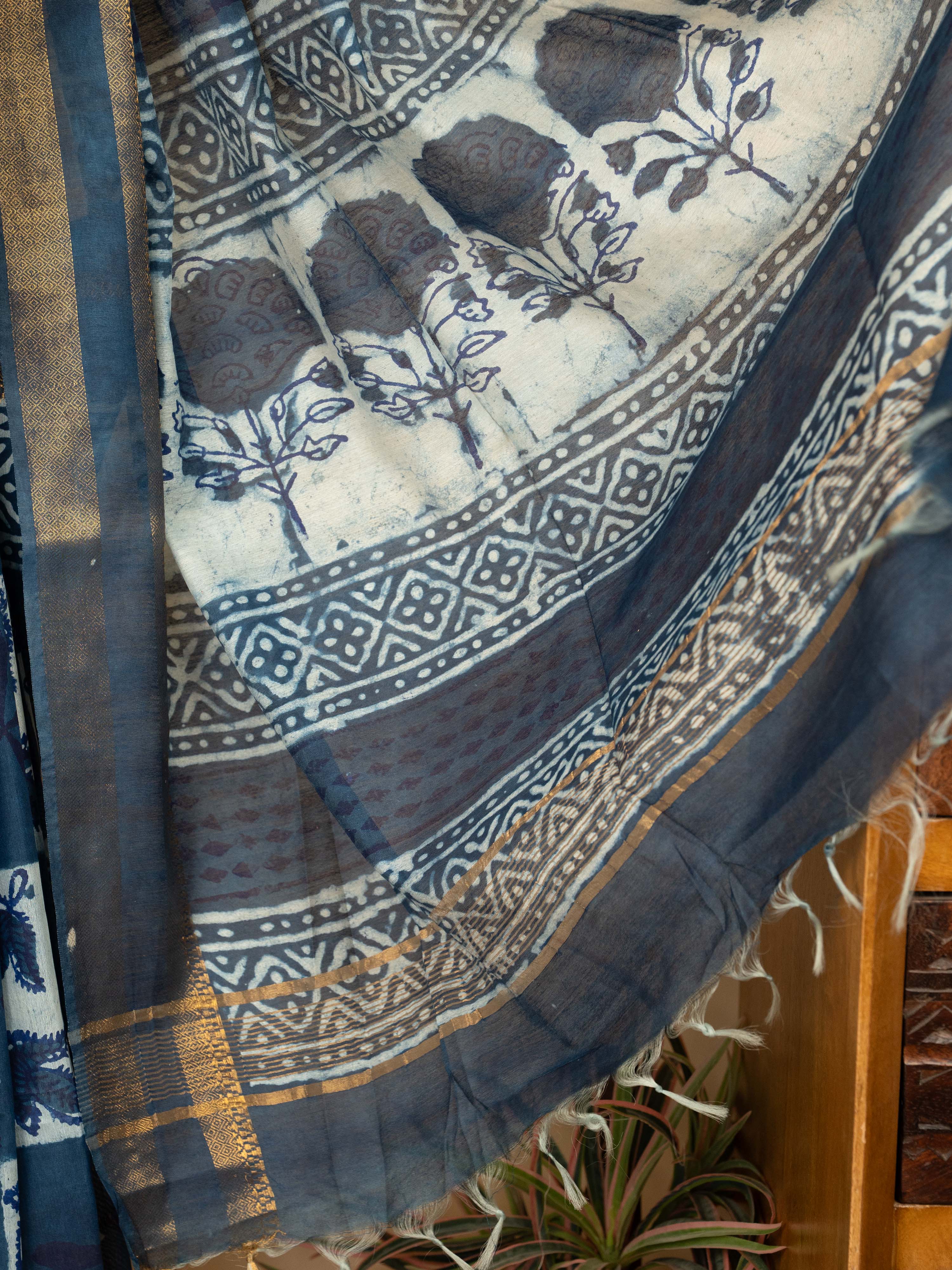 Indigo Cotton Block Print Saree