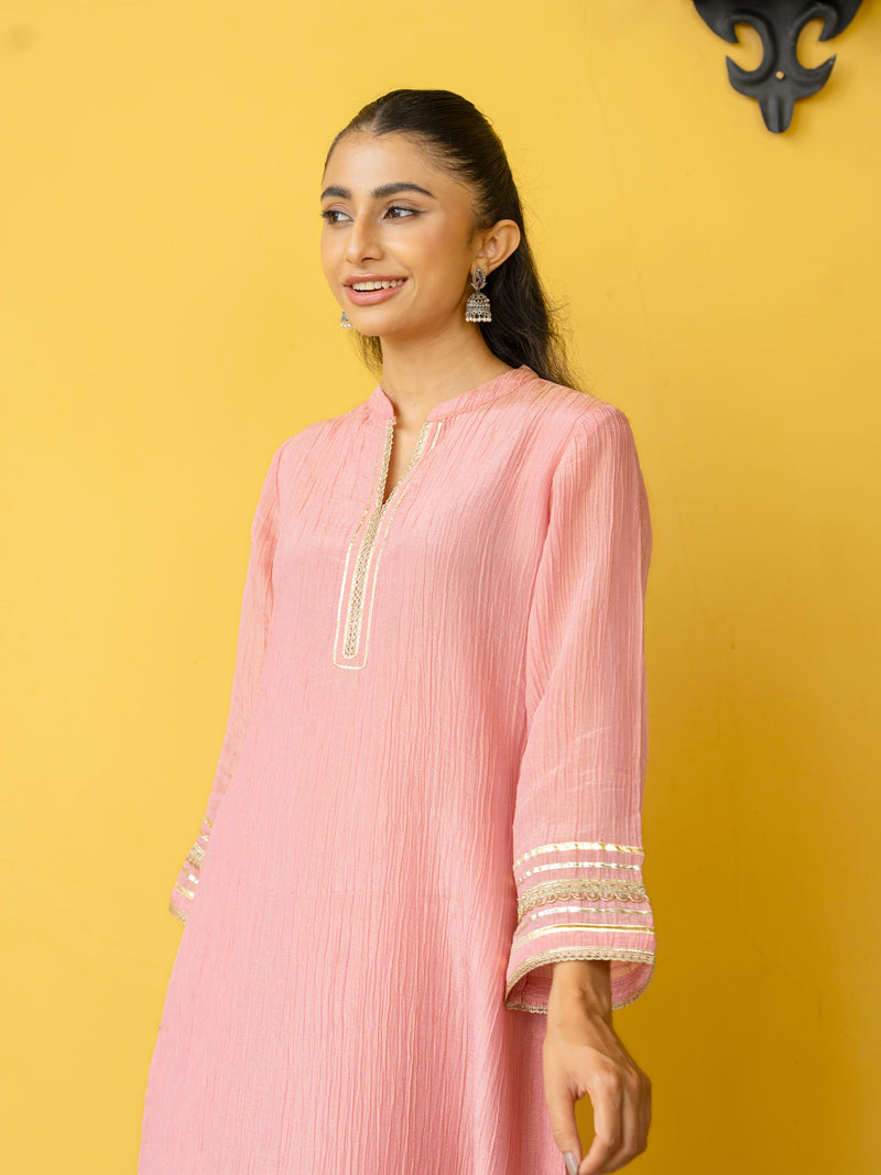 Pink Crushed Tissue Kurta Pant Set For Women's