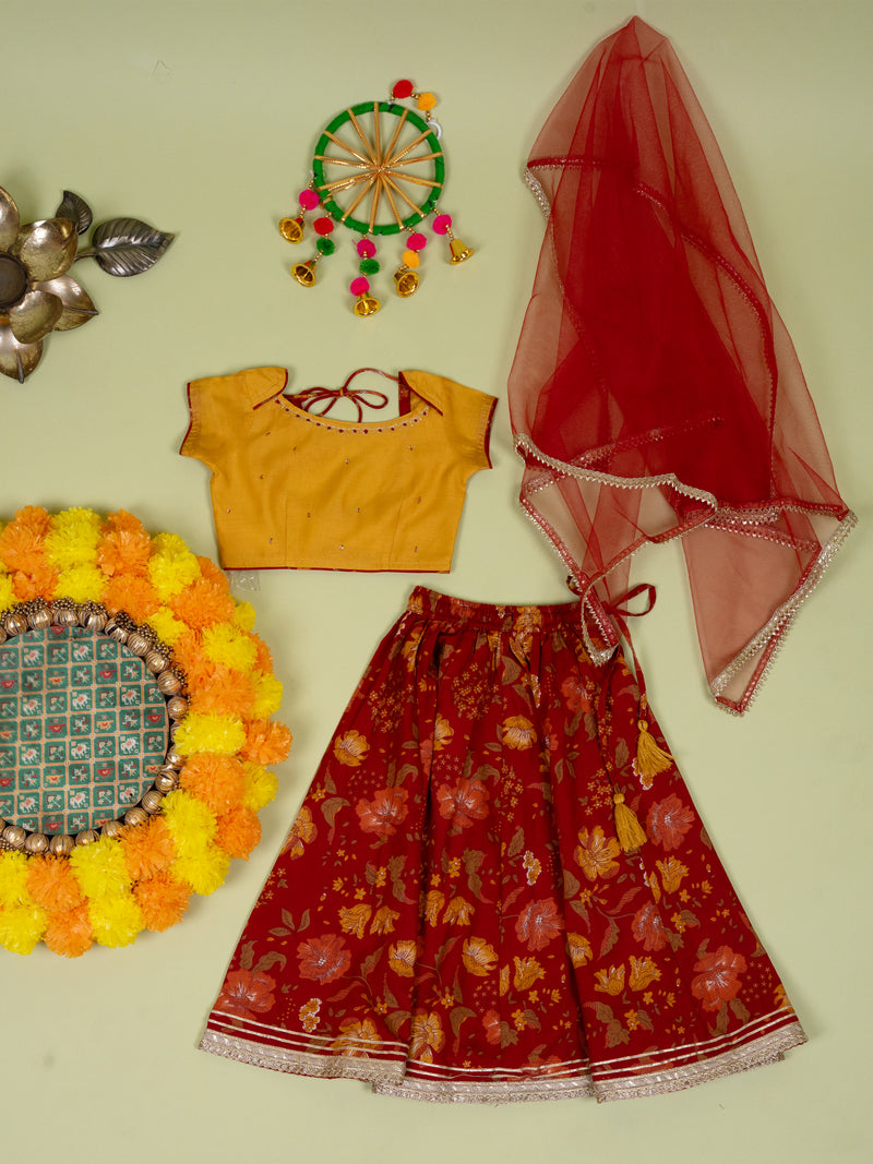 Yellow & Red Chanderi 3 pcs Lehanga Set For Girls