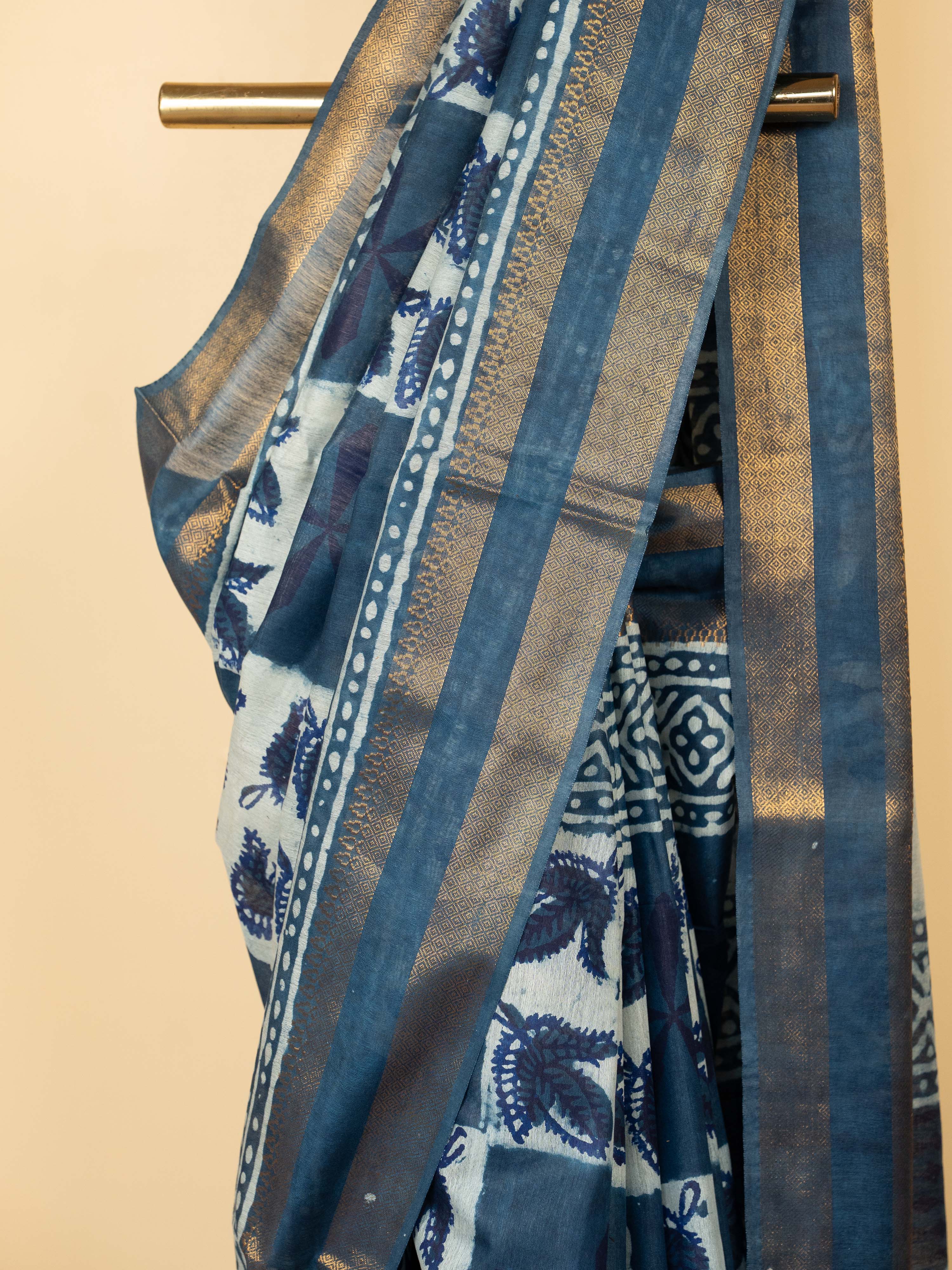 Indigo Cotton Block Print Saree