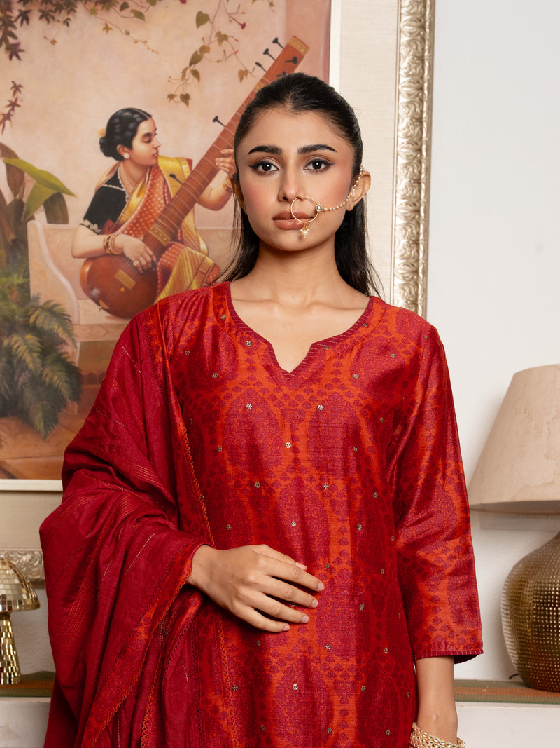 Red Tussar Silk Handblock Print Round With V- Neck Complete Suit Set For Women's