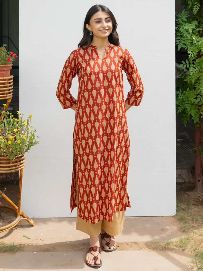 Red Cotton Printed Kurta For Women's