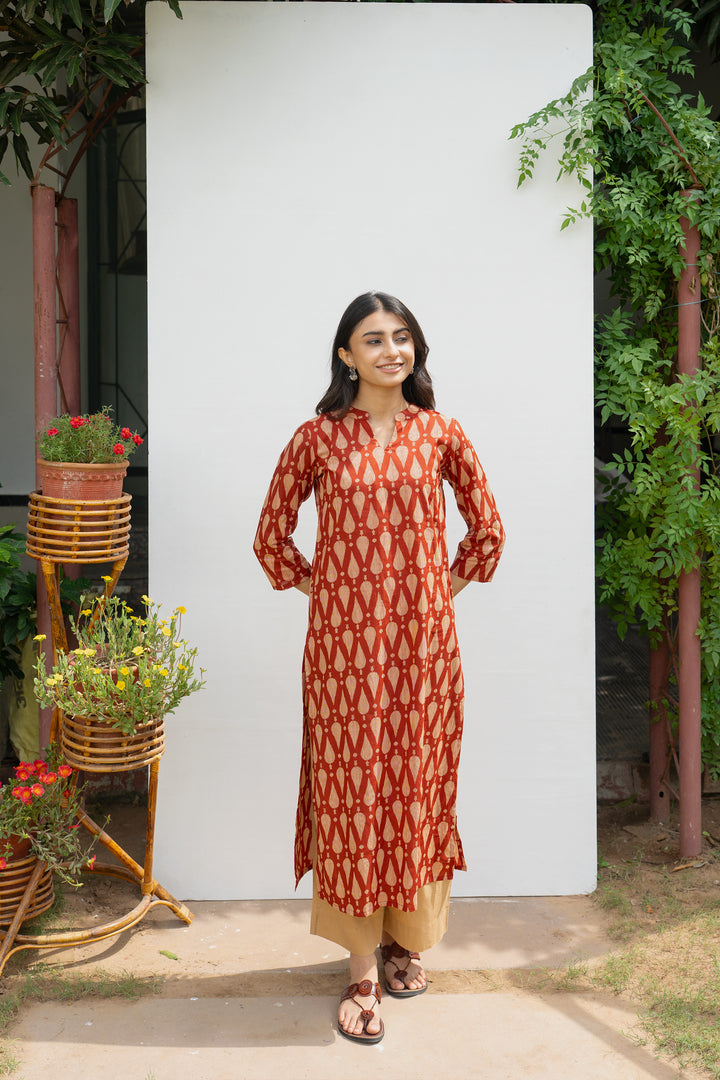 Red Cotton Printed Kurta For Women's