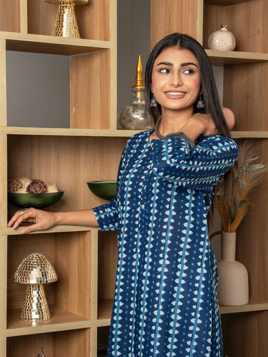 Indigo cotton-Round With V- neck-printed-kurta-for-womens