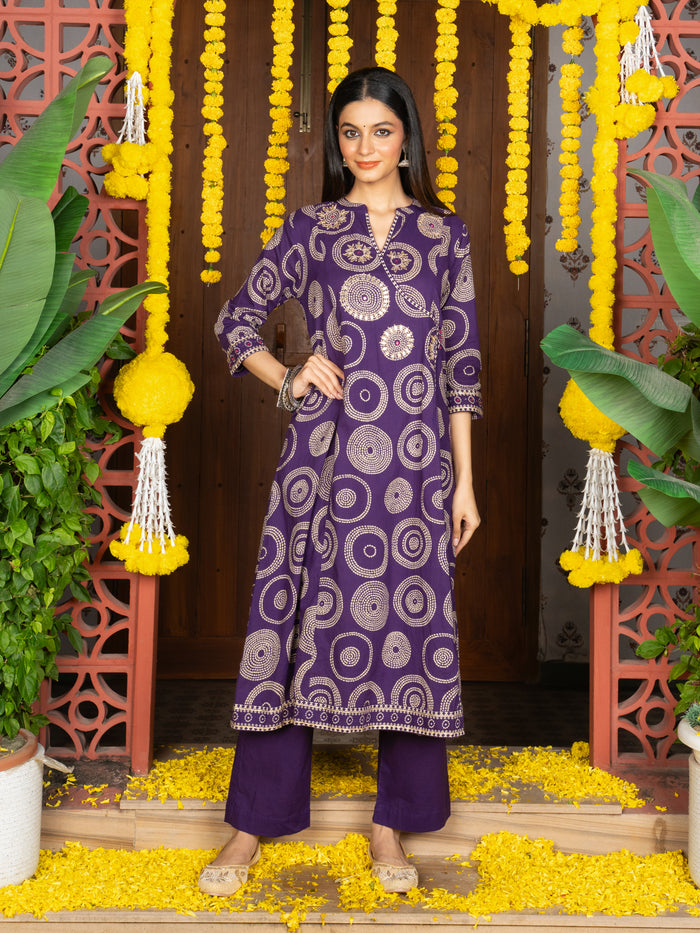 Brinjal Cotton Round Neck Kurta Pant Set For Women's
