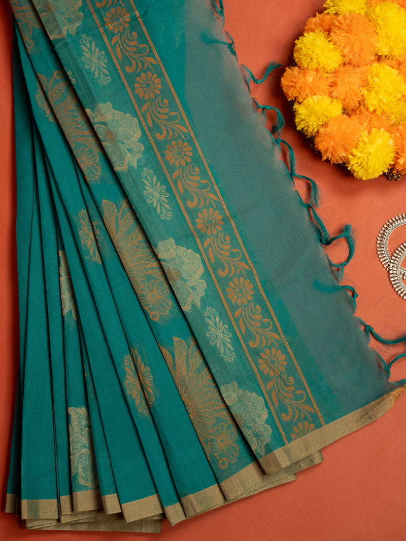 Peacock Green Colour Cotton Handloom Self Weaned Saree