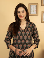 Black Colour Cotton V Neck Kantha With Block Print Kurta For Women's