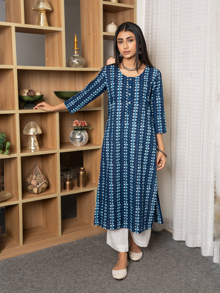 Indigo cotton-Round With V- neck-printed-kurta-for-womens