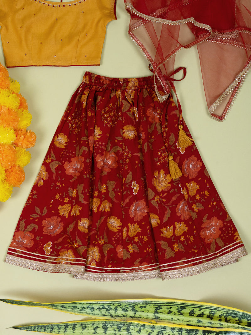Yellow & Red Chanderi 3 pcs Lehanga Set For Girls