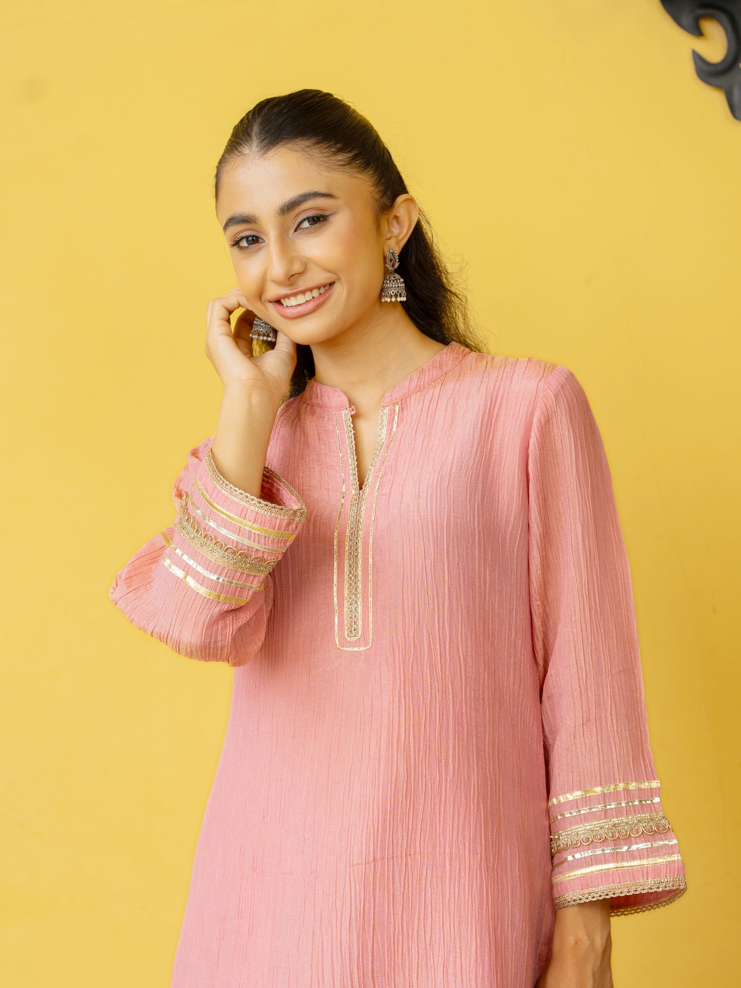 Pink Crushed Tissue Kurta Pant Set For Women's