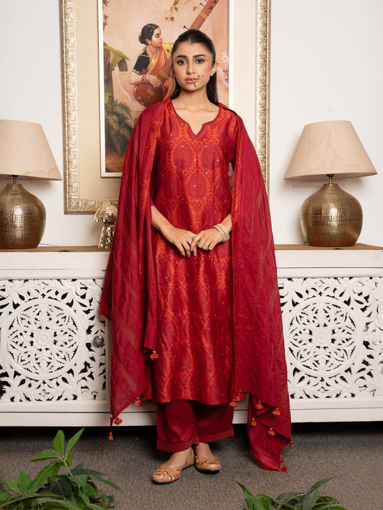 Red Tussar Silk Handblock Print Round With V- Neck Complete Suit Set For Women's