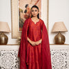 Red Tussar Silk Handblock Print Round With V- Neck Complete Suit Set For Women's