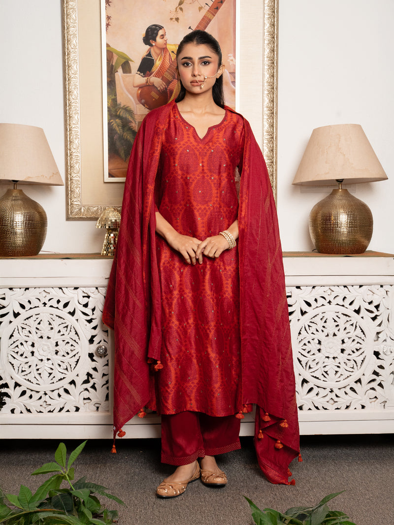 Red Tussar Silk Handblock Print Round With V- Neck Complete Suit Set For Women's