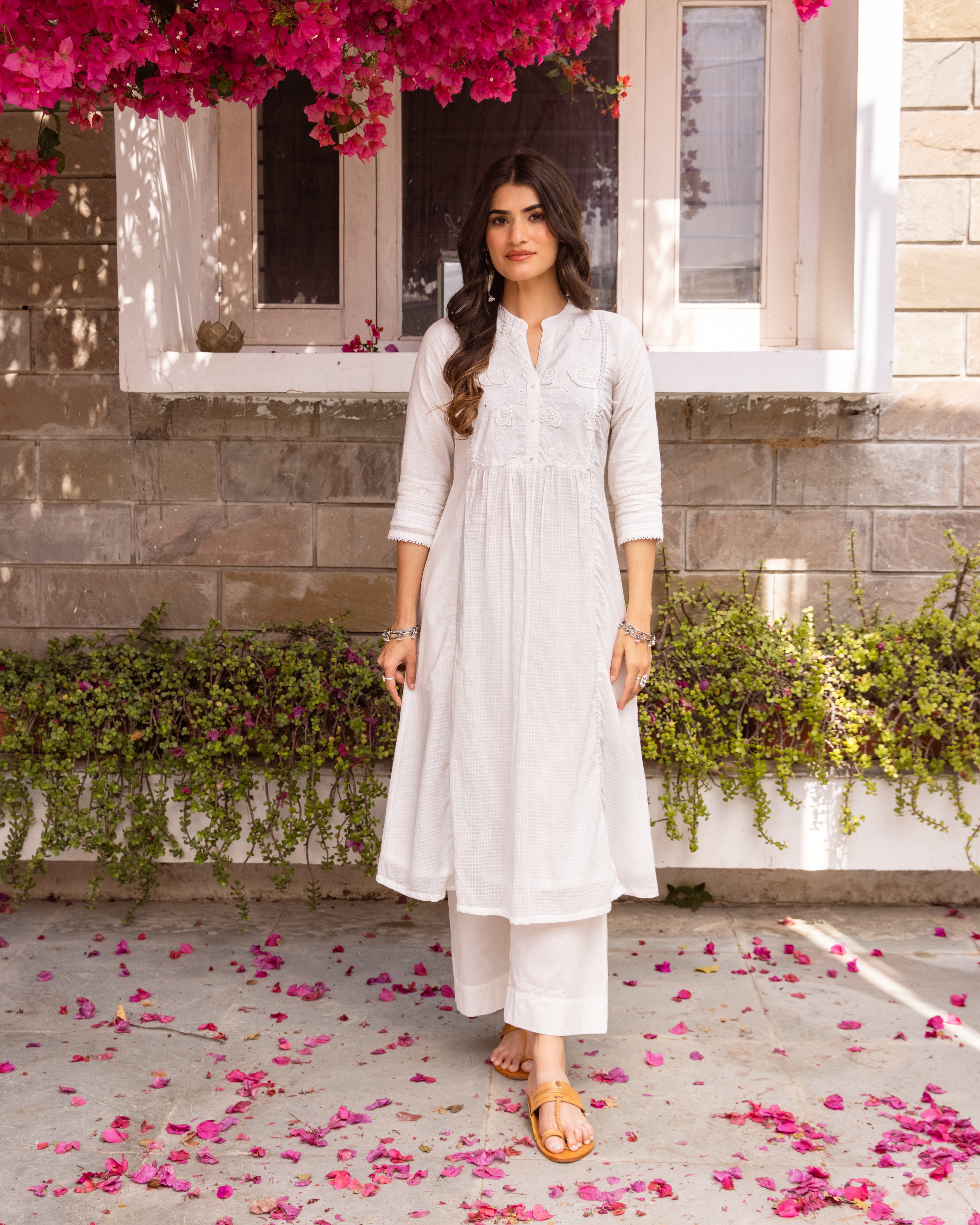 White Cotton Dobby Kurta (Bottom & Dupatta Not Included)