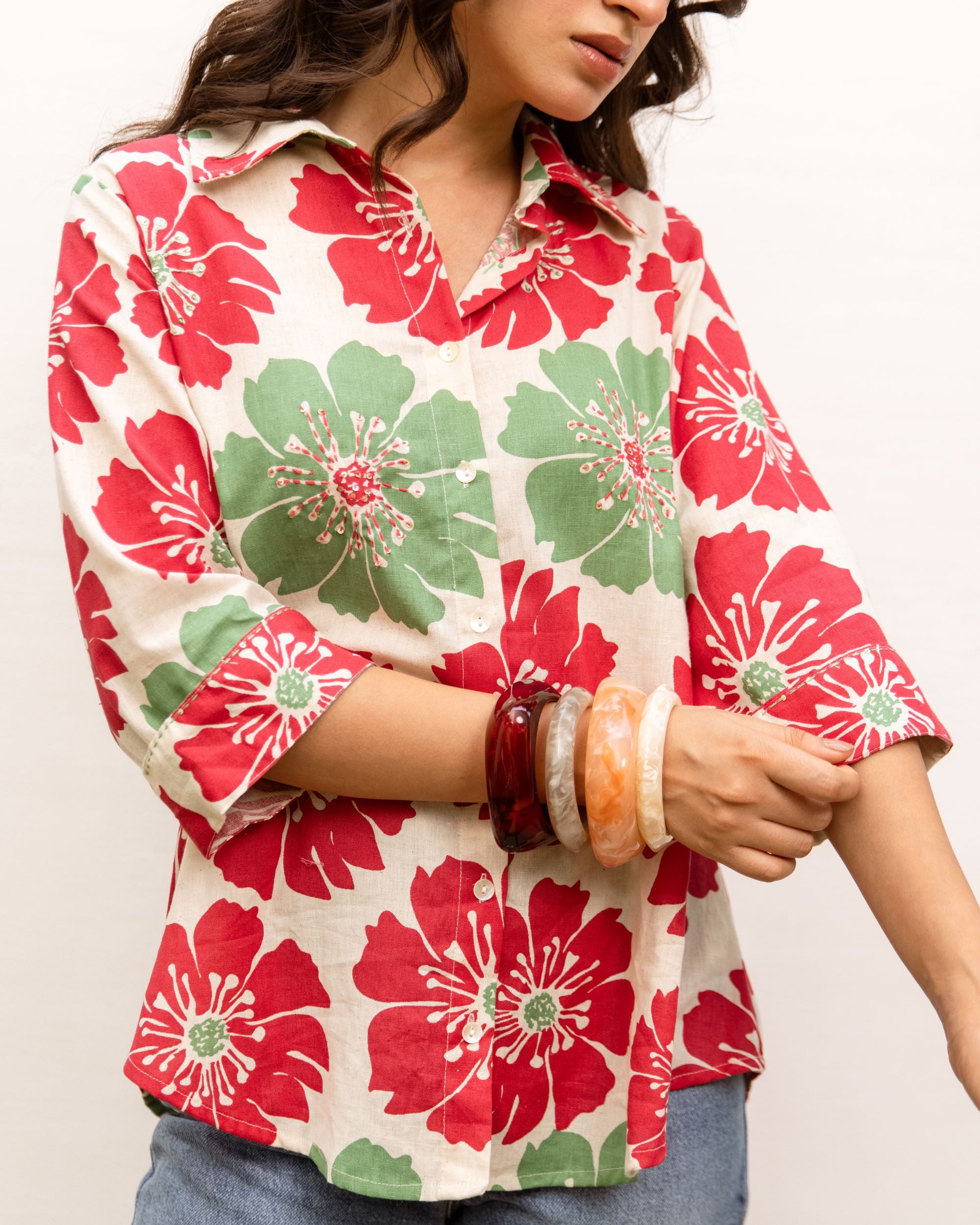 Multicolor Cotton Flax Shirt For Women's
