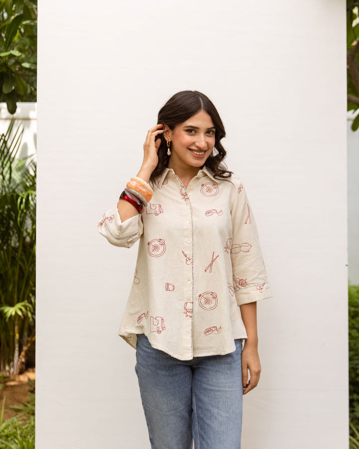 Off White Cotton Flex Shirt For Women's