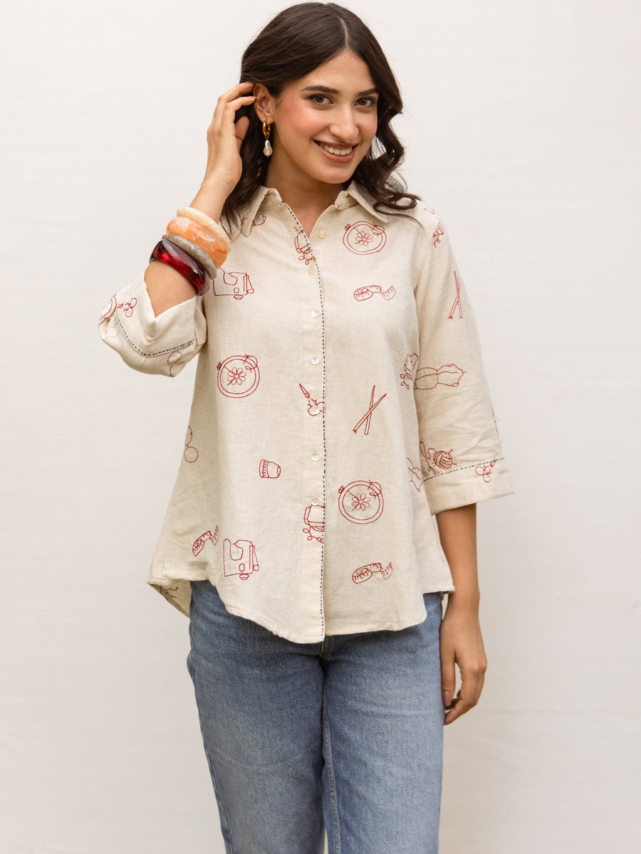 Off White Cotton Flax Shirt For Women's