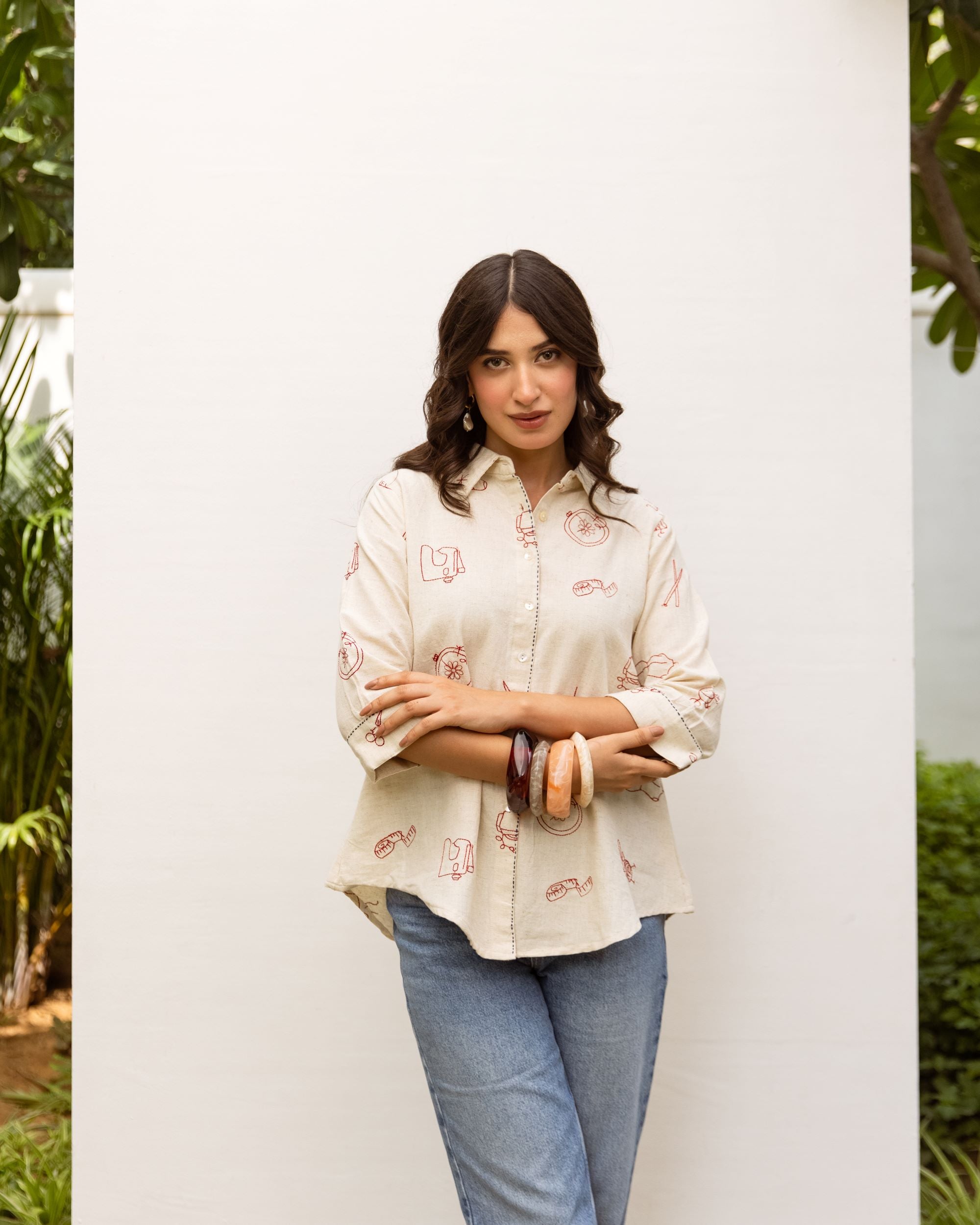 Off White Cotton Flax Shirt For Women's