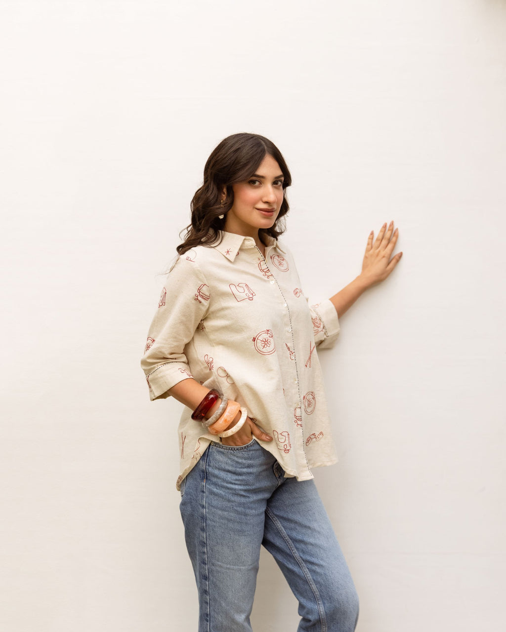 Off White Cotton Flax Shirt For Women's