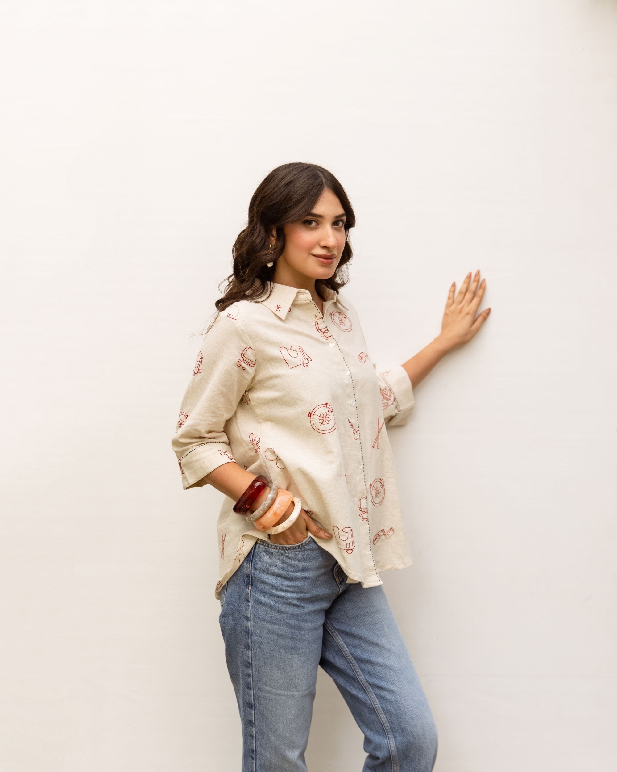 Off White Cotton Flax Shirt For Women's