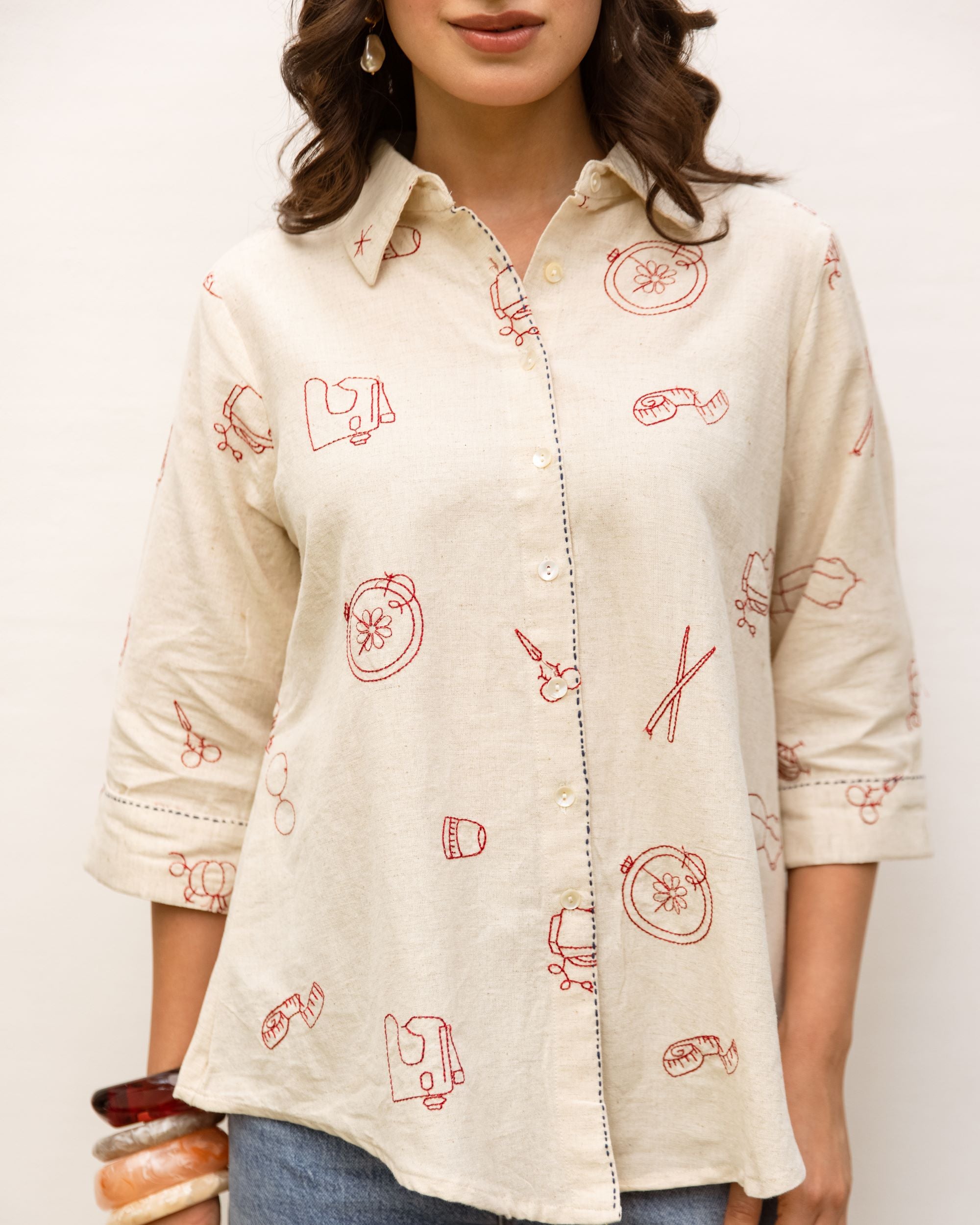 Off White Cotton Flax Shirt For Women's