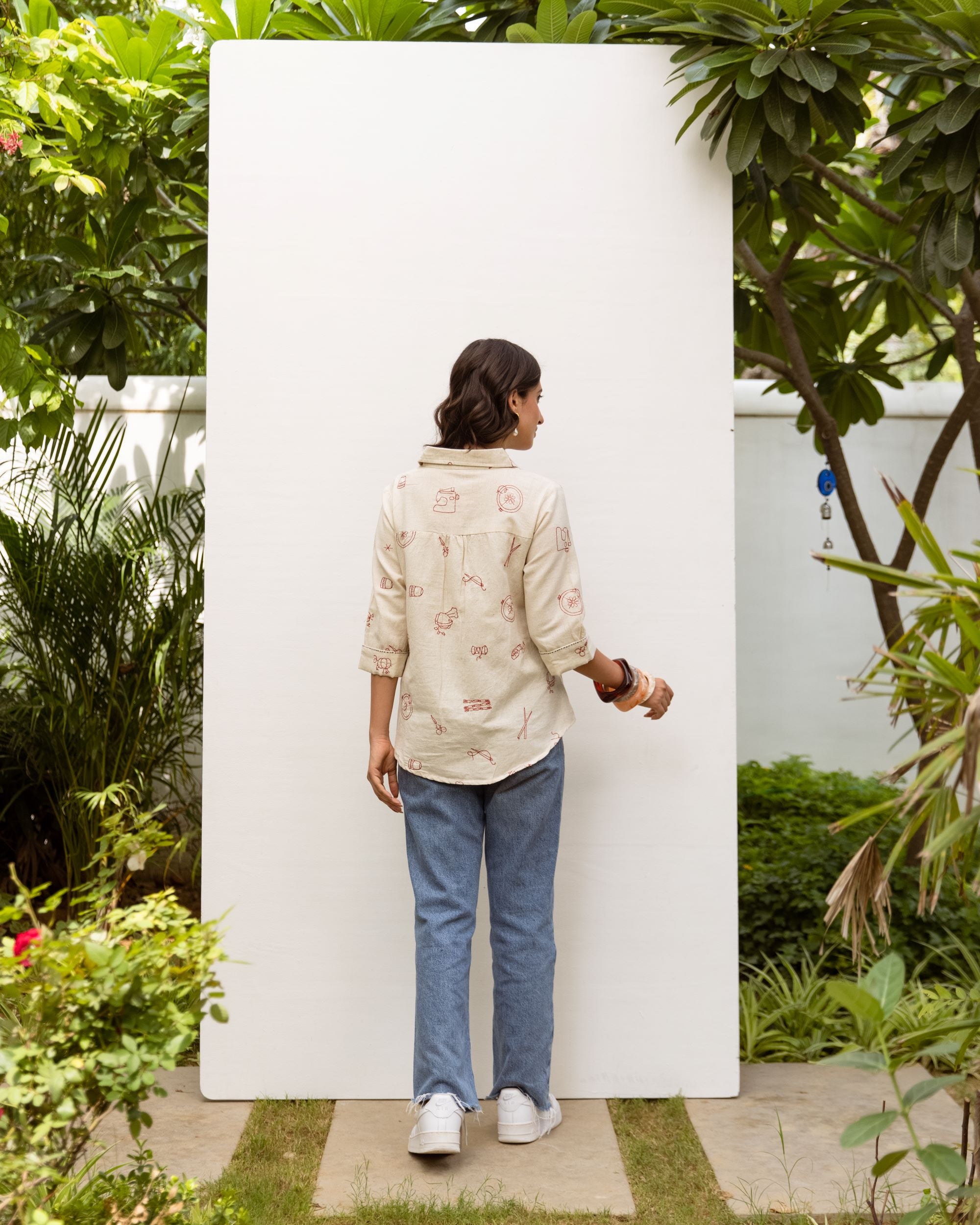Off White Cotton Flax Shirt For Women's