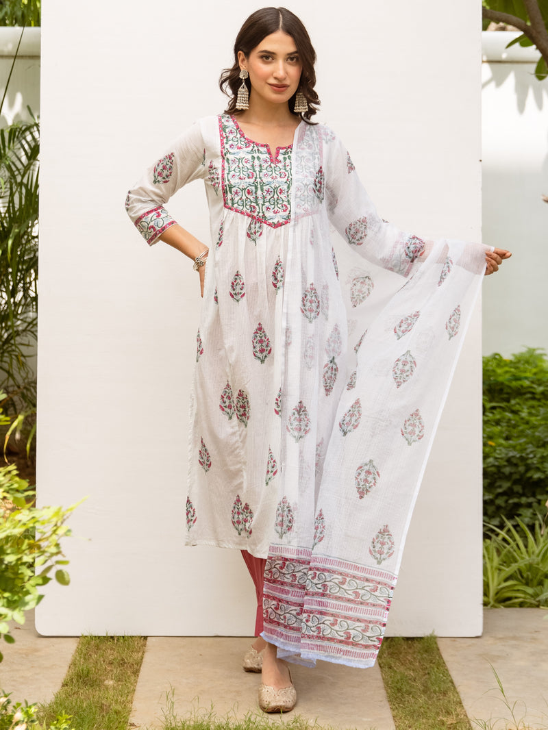 White Handblock Printed Kurta Dupatta Set For Women's