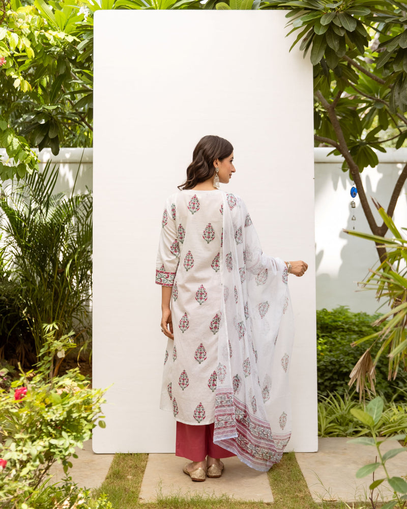 White Handblock Printed Kurta Dupatta Set For Women's