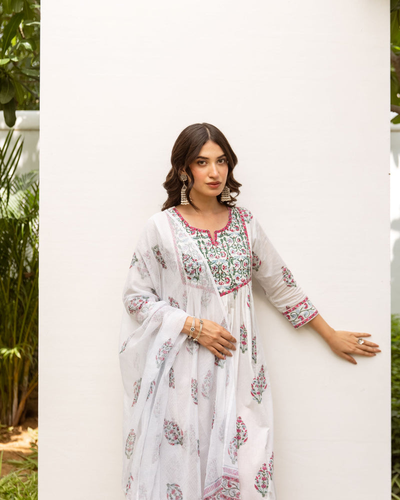 White Handblock Printed Kurta Dupatta Set For Women's