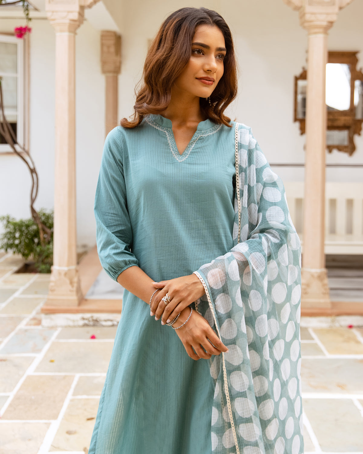 Dusty Aqua Green with White Complete Suit Set