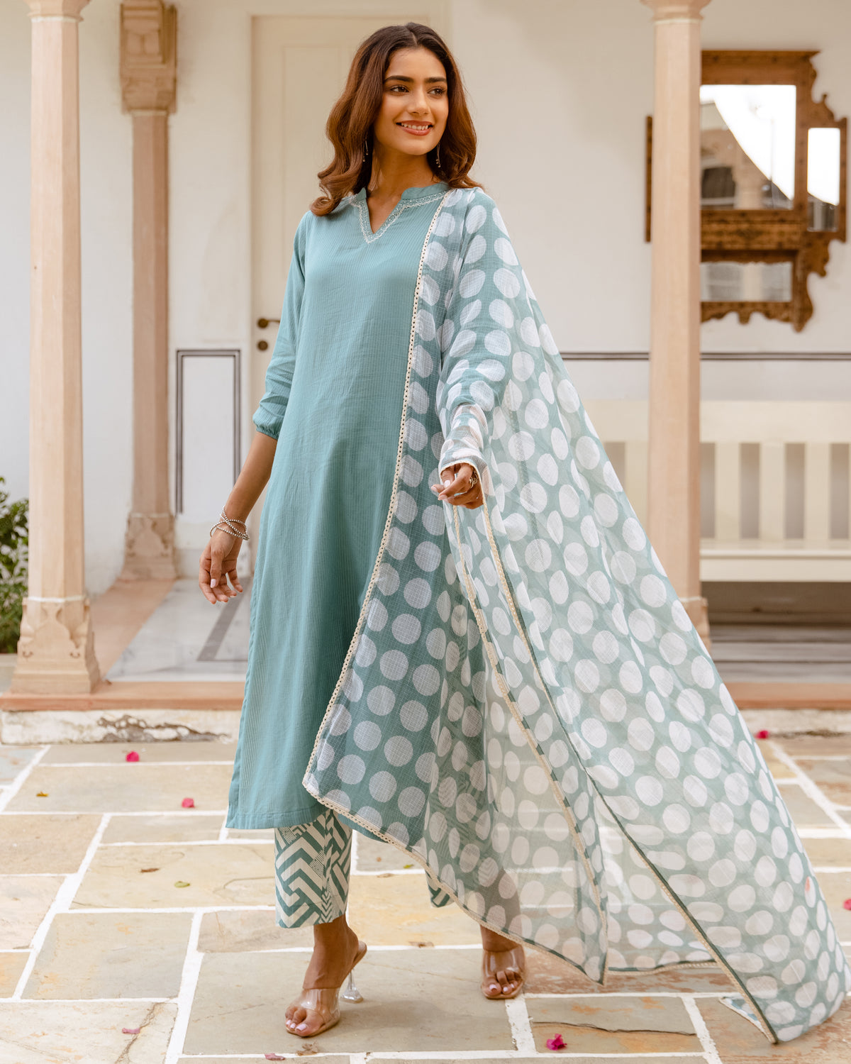 Dusty Aqua Green with White Complete Suit Set