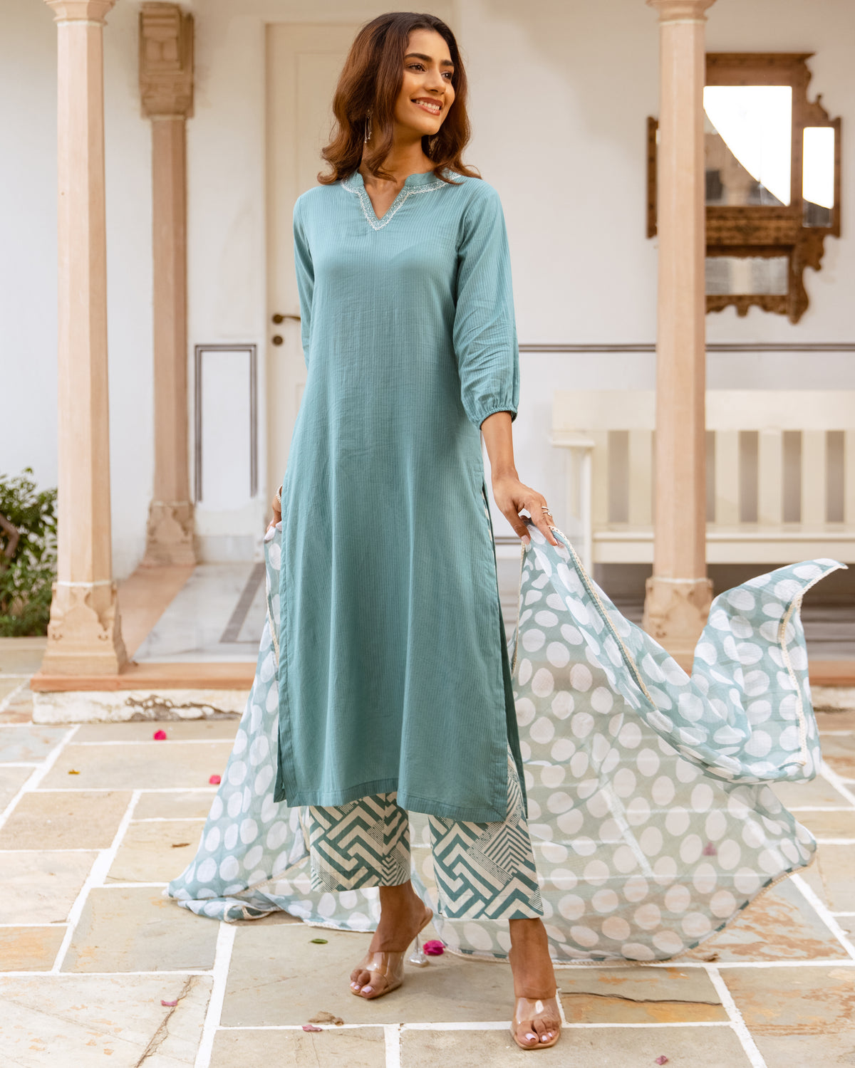 Dusty Aqua Green with White Complete Suit Set