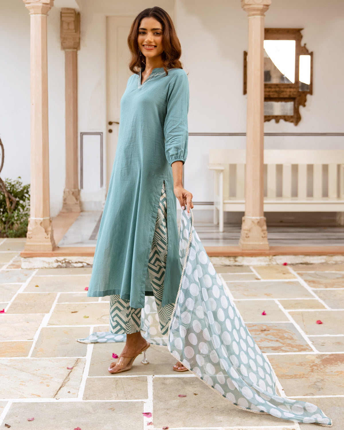 Dusty Aqua Green with White Complete Suit Set