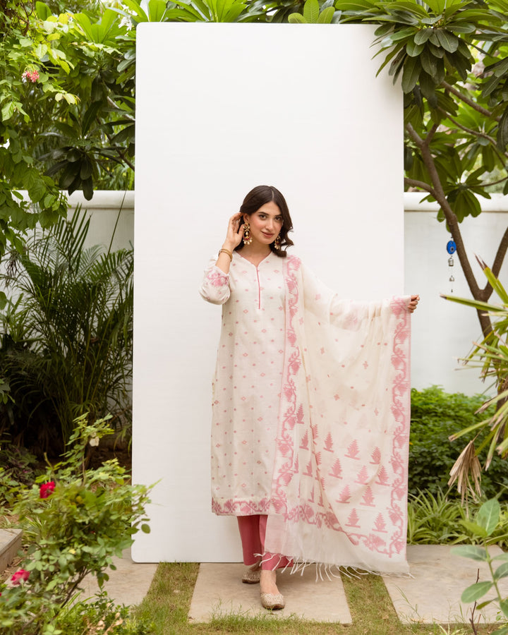 White & Pink Jamdani Kurta Dupatta Set