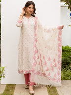 White & Pink Jamdani Kurta Dupatta Set (Pant Not Included)