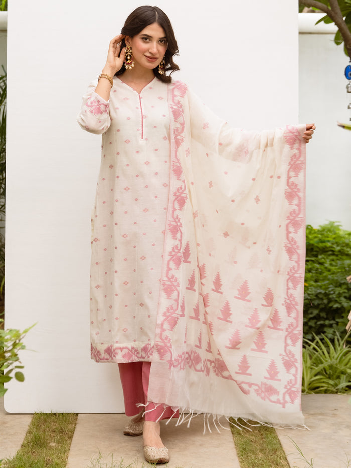 White & Pink Jamdani Kurta Dupatta Set