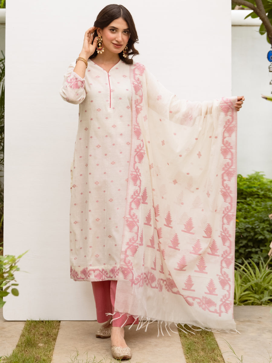 White & Pink Jamdani Kurta Dupatta Set (Pant Not Included)