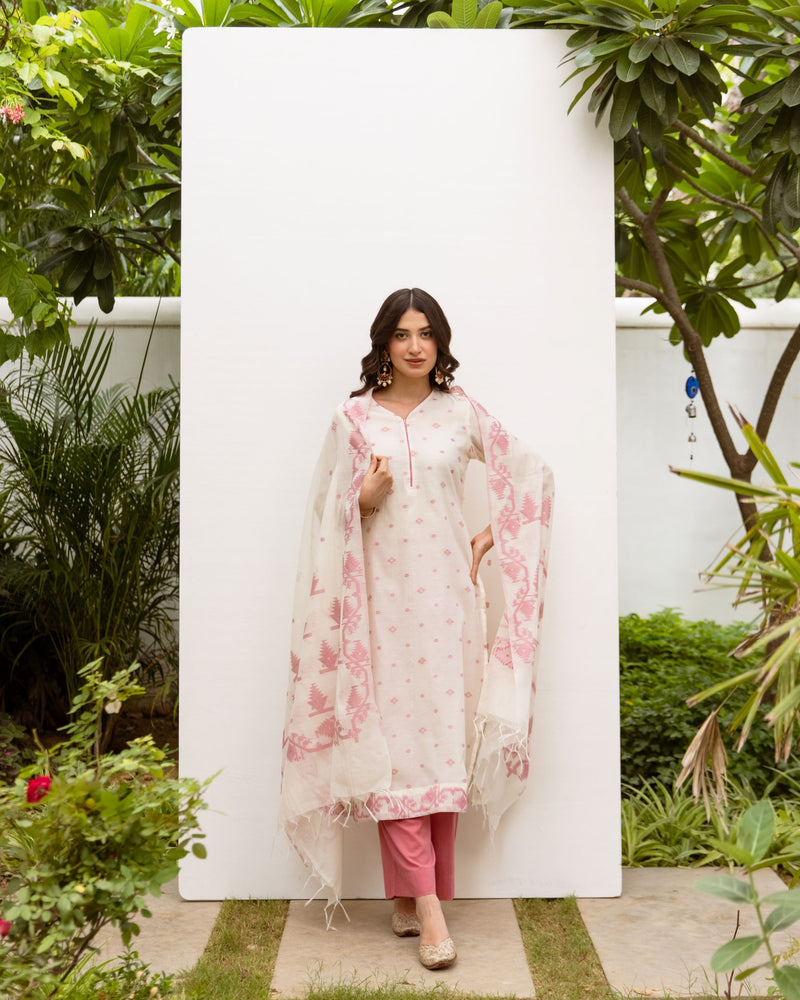 White & Pink Jamdani Kurta Dupatta Set